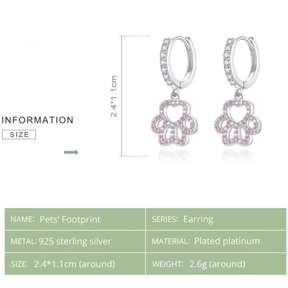 925 Sterling Silver with Pink Sapphire and Diamond Paw Print Huggie Earrings